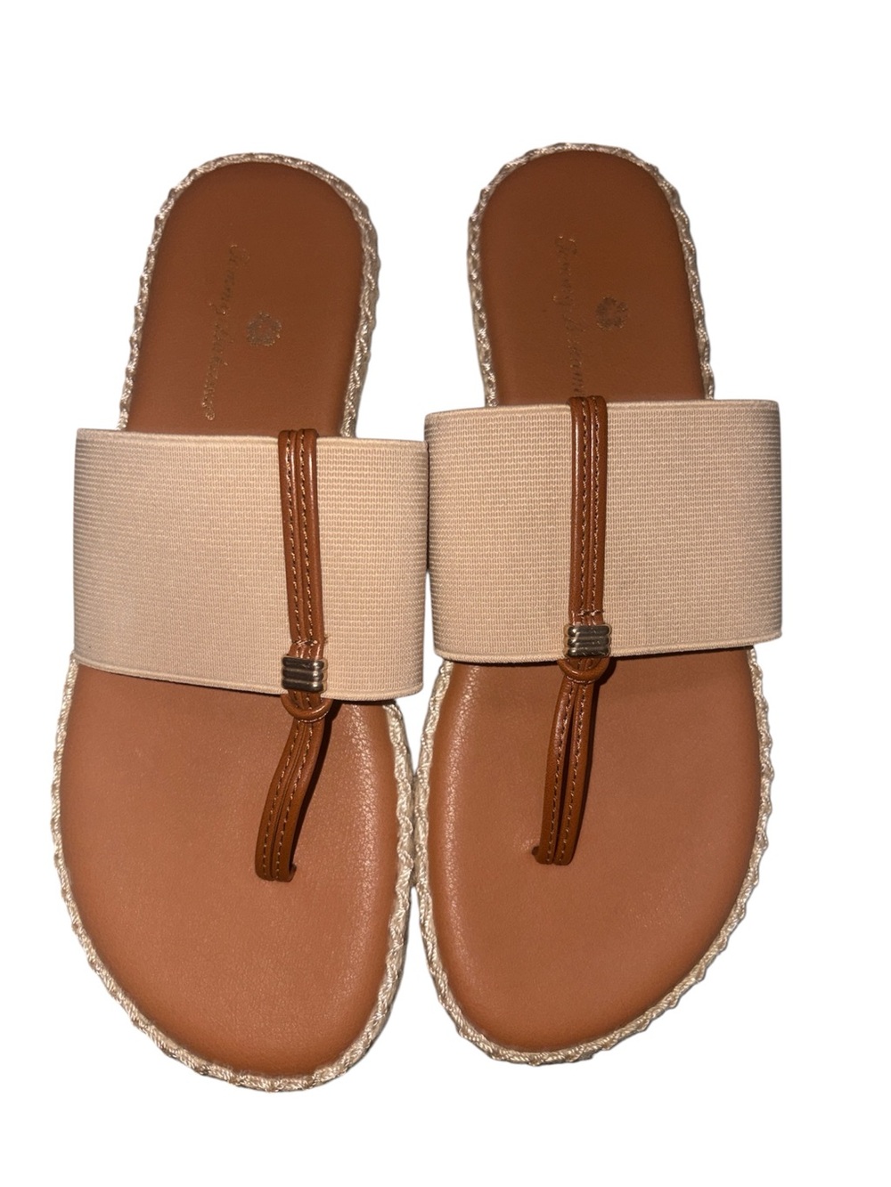 Tommy Bahama Beige and Tan Elastic Wide-Band Toe-Loop Sandals